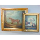 19th century naive study of a Chestnut hunter horse, 52 x 63 cm, framed; together with a Pears print