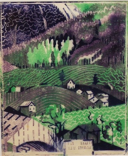 Edith Lawrence (1890-1973) - 'Houses on Hillside', Linocut, 30 x 25cm, framed