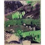 Edith Lawrence (1890-1973) - 'Houses on Hillside', Linocut, 30 x 25cm, framed