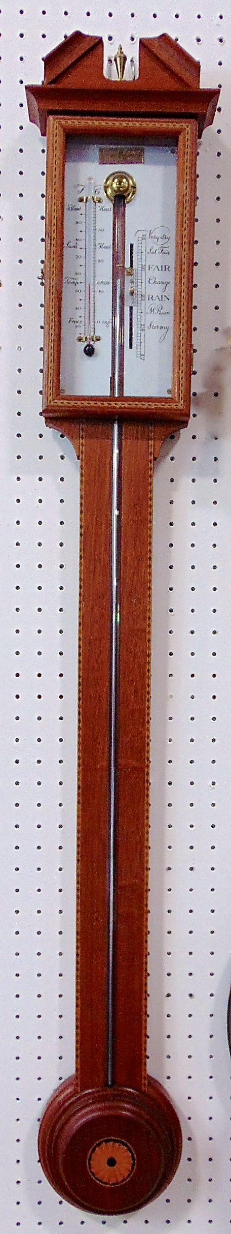 Derek Ogden of Woolpit marquetry inlaid barometer/thermometer, 99cm high