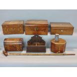 Victorian figured walnut writing box, another, a domed casket with straw work marquetry detail,