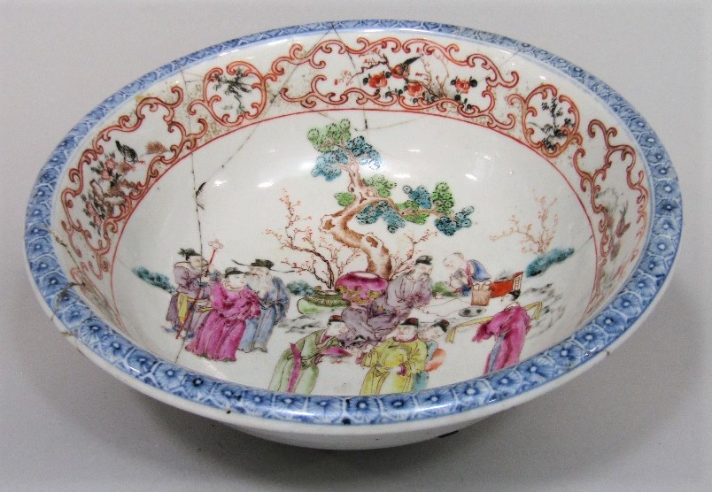 A 19th century oriental bowl with famille rose painted decoration of male characters in a - Image 2 of 4
