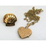 9ct shell pin set with a diamond, together with a 9ct heart shaped locket necklace with engraved