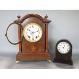 Edwardian bracket type clock in the Sheraton manner, the silvered twin train dial with stylised