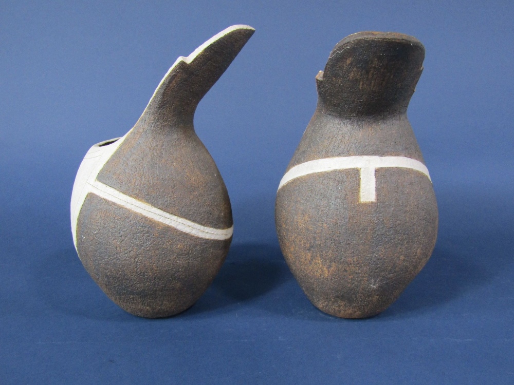 A matched pair of contemporary Studio Pottery vases with textured brown and grey glazed finish, - Image 2 of 2