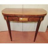 A Georgian mahogany D end fold over top card table, with satinwood and other banded detail raised on