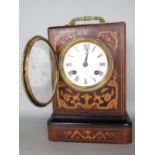 19th century rosewood and boxwood inlaid marquetry shelf clock, the enamel two train dial with