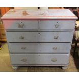 A Victorian painted pine chest of three long and two short drawers on turned supports