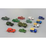 13 model vehicles including a Dinky US Jeep, 3 matchbox Land Rovers, others by Lesney, Corgi,