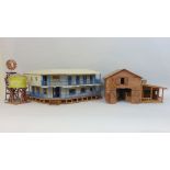 Collection of handmade model wooden buildings on a wild west theme including two storey corner