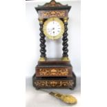 Inlaid marquetry French portico mantel clock by C. Detouche of Paris, the single train enamel dial