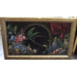 Contemporary oil painting on black velvet panel of fruit, flowers and a green parrot, unsigned, 57 x