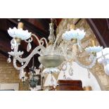 Venetian five branch glass chandelier with opaline glass sconces, prismatic drops, 90 cm diameter