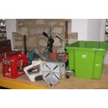 A Black & Decker bench grinder, three drill presses, a small bench planer, belt sander, etc