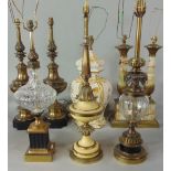 A good collection of mainly cast metal turned table/desk lamps, to include a pair with agate