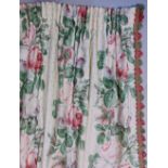 Two pair of curtains in glazed chintz cotton fabric with roses design, pencil pleat headings, lining