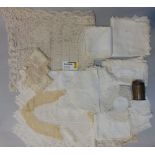 Box of vintage white table linen including mats and cloth with crochet edging (af) together with
