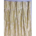 Two pairs good quality full length curtains in pale olive silk with slub weave, subtle sheen and