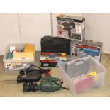 A workshop multi purpose power saw, various drill attachments, Black & Decker sander, Black & Decker