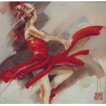 Kitty Meijering (21st century) - Pair of studies of dancers in red, mixed media over printed
