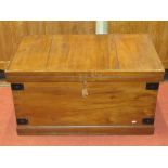 A camphor lined coffer with exposed dovetail joints and steel banded borders, 95cm wide