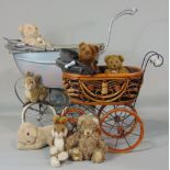 Vintage toy collection including three prams, a high chair, three Steiff rabbits all with pin in