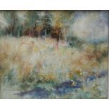 Sheila Walker (20th century British) - Stream in the Meadow, oil on canvas board, signed, label