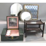 A mixed lot to include a barbola mirror, a miniature tea trolley with under tier, a bamboo framed