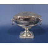 A good quality cast silver twin lion head handled rose bowl, with inscription, egg and dart borders,