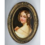 19th century school - Bust length portrait of a young woman in pearl necklace, reverse painted