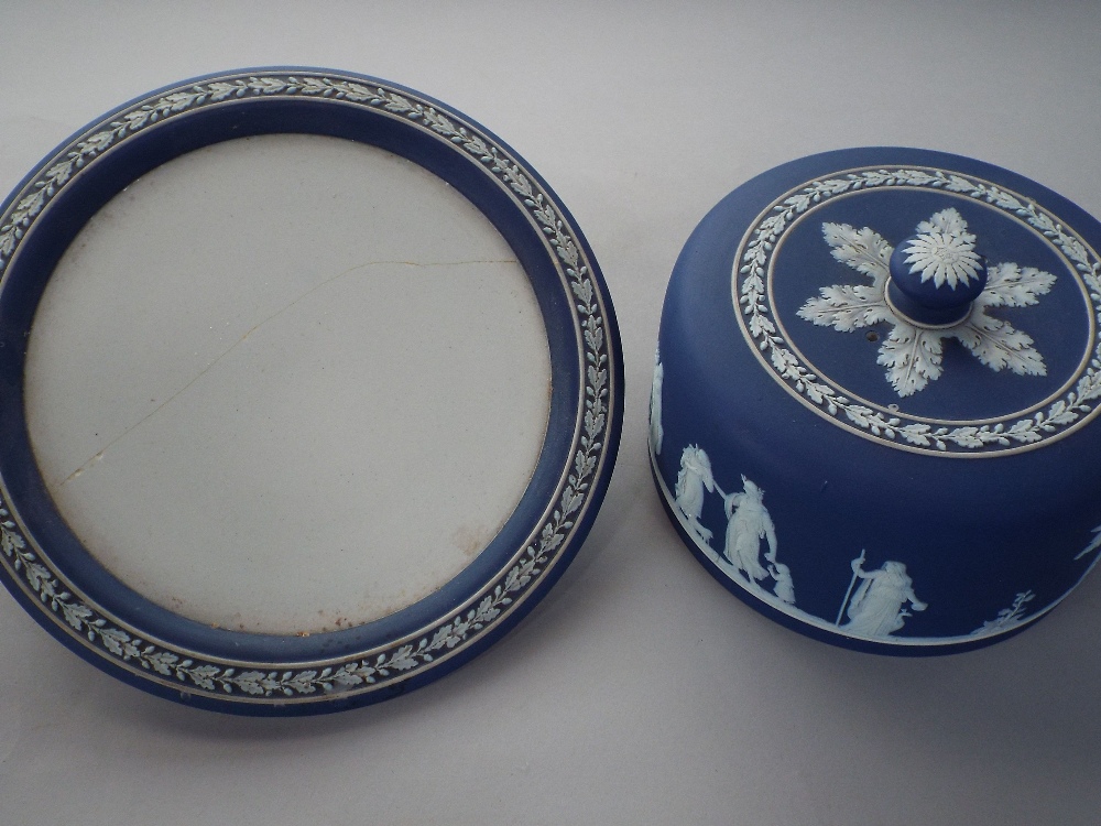 A collection of dark blue ground Wedgwood Jasperwares including jardiniere, a cheese dish and - Image 2 of 4