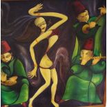 20th Century school, scene with belly dancer and three musicians, oil on board, signed with