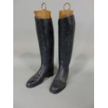 Pair of vintage black leather Saville Row hunting boots by Maxwell, with trees, soles 31 cm, max