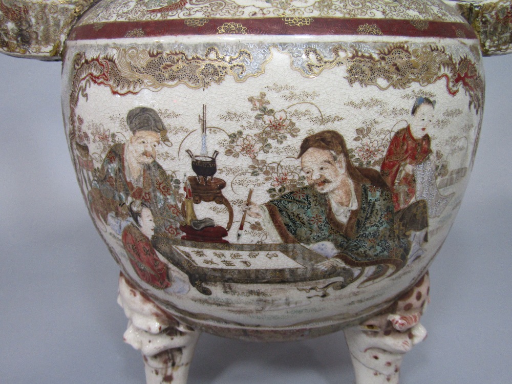 A large late 19th century Satsuma Koro type two handled vase, with painted and gilded decoration - Image 5 of 5