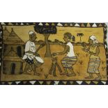 A large stitched fabric wall hanging with painted detail of ethnic characters in landscape