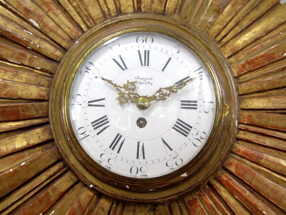 Good French carved gilt wood sunburst cartel type wall clock, with convex glass and enamel dial, - Image 2 of 2