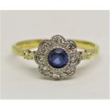 18ct sapphire and diamond daisy cluster ring, size M/N, 2.5g