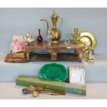 A copper hot plate, embossed brass dish, Turkish coffee pot, further metalware, glassware, etc