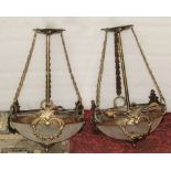 A pair of cast brass acid etched glass ceiling lanterns in the Empire style, 50cm drop, 30cm