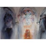 Colin Kent (British B.1934) - Church Interior with stained glass window, mixed media on paper,