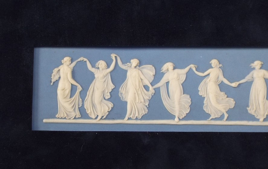 A pair of Wedgwood blue ground Jasperware plaques showing dancing classical female figures (in one - Image 7 of 7