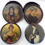A collection of four circular boxes and covers with naive style painted decoration of female