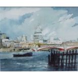 Brian C Lancaster (British 1931-2005) - Thames scene with St Pauls Cathedral, watercolour and