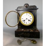 19th century black slate twin train mantel clock, the convex enamel dial with Roman numerals with