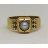 Victorian 18ct mourning ring set with a pearl, inner shank inscribed 'Marianne Drabble, born May