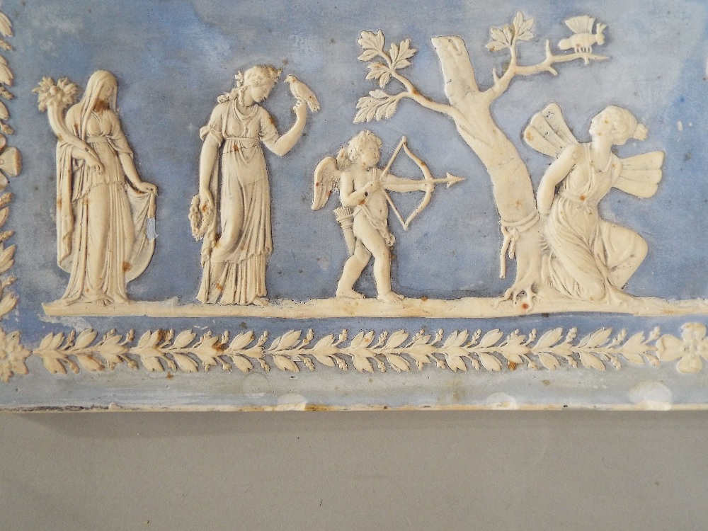 A pair of Wedgwood blue ground Jasperware plaques showing dancing classical female figures (in one - Image 4 of 7