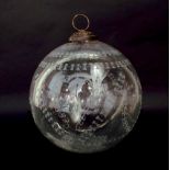 19th century acid etched bauble or witches ball with ribbon banded decoration and heart shaped