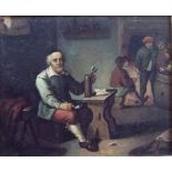 19th century continental school - Tavern interior scene with figures, probably oil effect print on