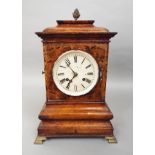Burr walnut mantel clock, with convex glass and cushion case, two train enamel dial with Roman