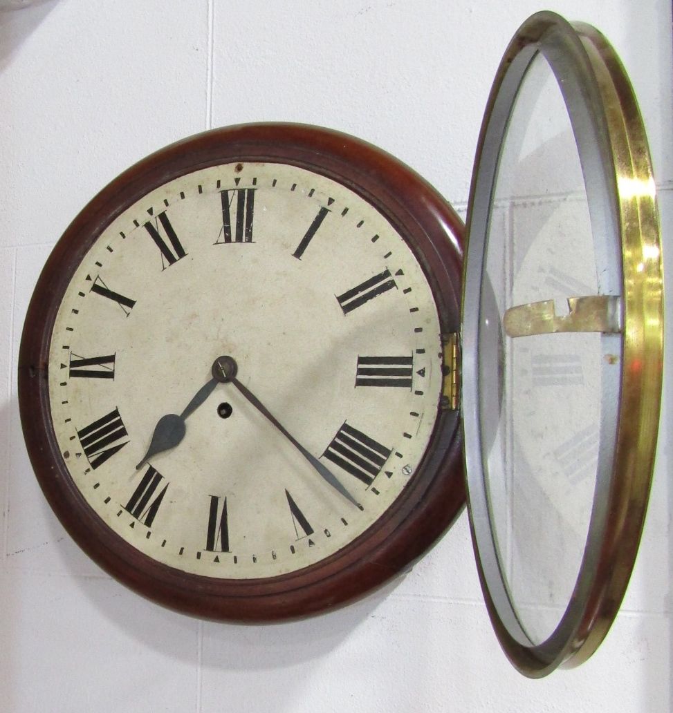 Mahogany single fusee wall clock, the twelve inch painted dial with Roman numerals, key - Image 2 of 2